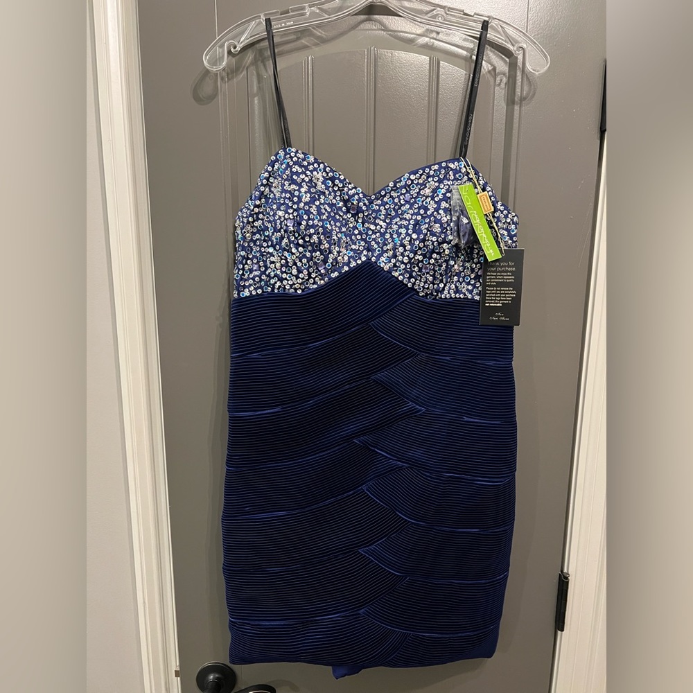 Narianna, Size XL, blue satin with sequins strapless dress (straps included) NWT